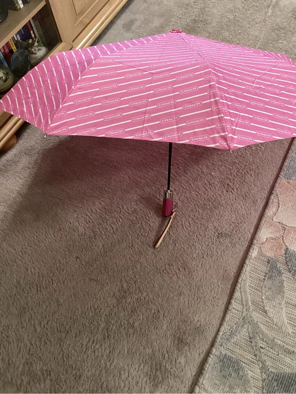 Coach Pink Compact Umbrella with Gold Wrist Strap
